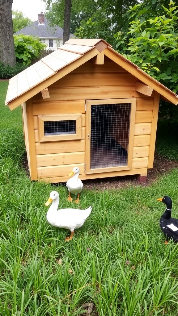 A wooden duck house with a sloped roof and wire mesh windows in a grassy yard with ducks.